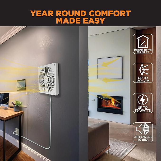 Suncourt ThruWall Room-to-Room Transfer Fan — Quiet Through Wall Vent Fan Improves Air Circulation Between Rooms 100-275 Sq. Ft. | 10’ Power Cord, 2-Speed (TW408)