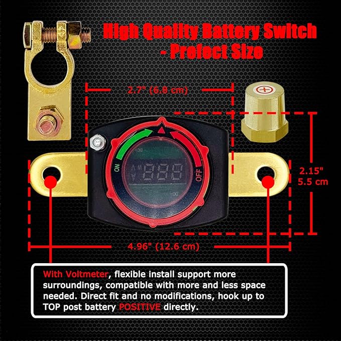 Ampper Battery Disconnect Switch with Voltmeter, 12-48V Battery Cut Off ON/Off Shut Off Switch W/Positive Terminal for Car, RV and More (Top Post Positive)