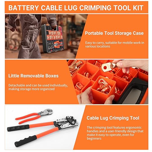 Kuject Battery Cable Lug Crimping Tool Kit with Copper Wire Lug AWG 1 2 4 6 8 1/0 Gauge, Wire Crimper for AWG 10-1/0 with Cable Cutter, 110PCS Battery Cable Ends with 110PCS 3:1 Heat Shrink Tubing
