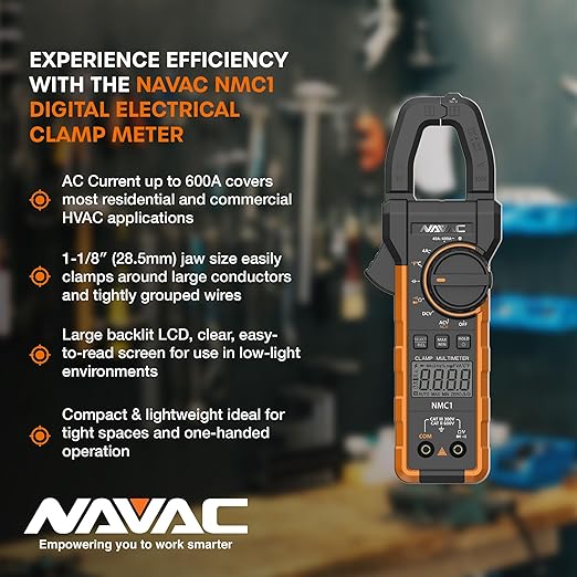 NAVAC NMC1 Digital Clamp Meter - HVAC Multimeter Clamp - Backlit Display - Adjustable Large Jaw - High Precision Chip - Compact Design