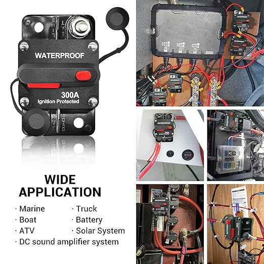 300Amp Circuit Breaker DC 12V-48V for Marine Boat Trolling Motor Automotive RV Trailer Car Solar System Battery Disconnect with Manual Reset Switch, IP67 Waterproof (Pack of 2)