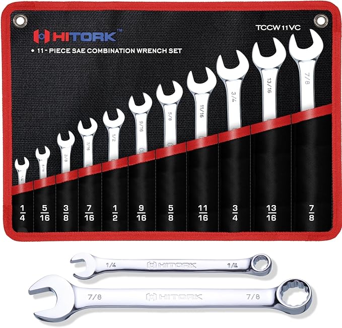 Hitork 11 Piece Combination Wrench Set with Roll Pouch, SAE Sizes (1/4" - 7/8"), Drop Forged Cr-V Steel, Chrome Plated Mirror Finish, 12 Point Box End, 15° Offset, Exceeds ANSI Standards