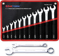 Hitork 11 Piece Combination Wrench Set with Roll Pouch, SAE Sizes (1/4" - 7/8"), Drop Forged Cr-V Steel, Chrome Plated Mirror Finish, 12 Point Box End, 15° Offset, Exceeds ANSI Standards