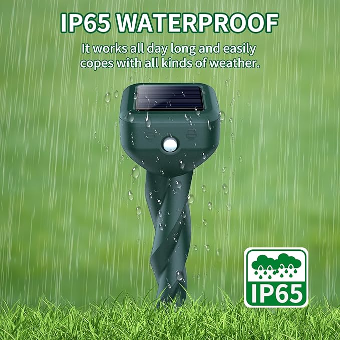 Mole Repellent Solar Powered, 4 Pack Snake & Rabbit Repellent for Yard, IP 65 Waterproof Ultrasonic Deterrent Stakes, Get Rid for Armadillo, Gopher, Vole, Chipmunk, Deer, Groundhog for Lawns Garden
