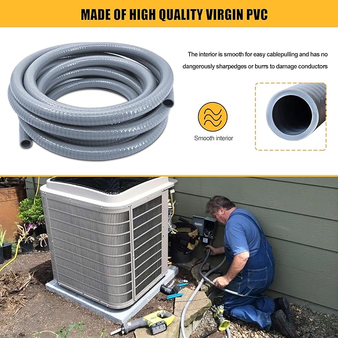 Liquid-Tight Conduit - 1inch 50 Foot Flexible Non Metallic Liquid Tight Electrical Conduit Kit, with 6 Straight and 3 Angle Fittings Included. 1" Dia