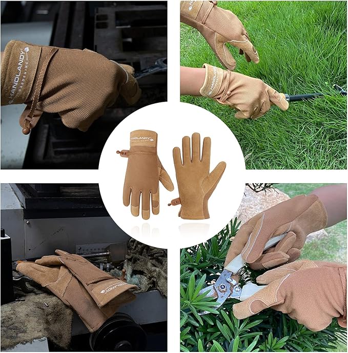 HANDLANDY Work Gloves for Women, Breathable Leather Gardening Glove for Yard Maintenance, Hand Protection with Touch Screen