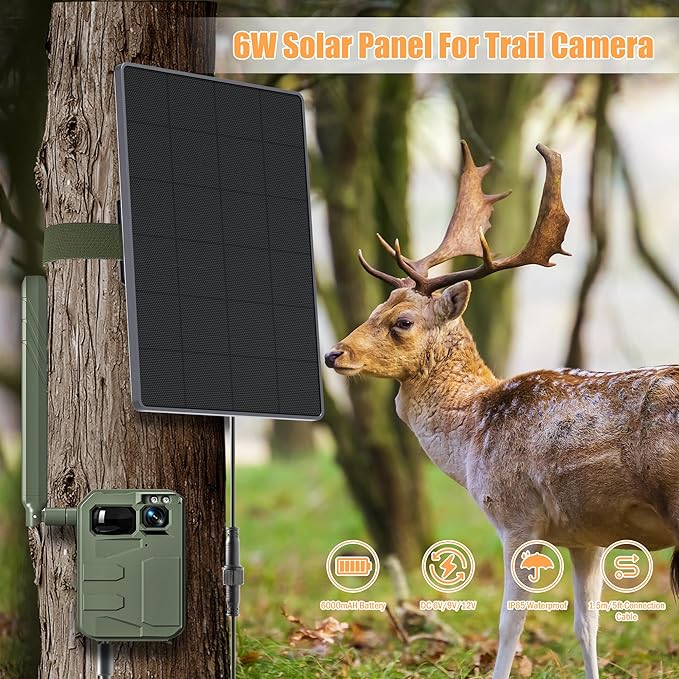 Trail Camera Solar Panel,6W Solar Battery Charger Kit 6V/2A 9V/1.5A 12V/1A with 6000mAh Battery for Hunting Camera,IP65 Waterproof Hunting Accessory,1.7/2.1/1.35mm DC Connectors for Trail Cam