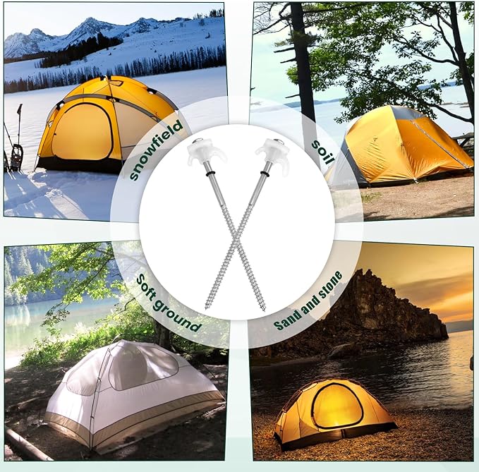 30-Pack 8 Inch Screw Tent Stakes with Glow-in-The-Dark Hex Driver & Storage Case - Heavy Duty Coil Ground Anchors for Camping, Beach, Sand, Snow - Reflective Tent Pegs for All Terrain Tents