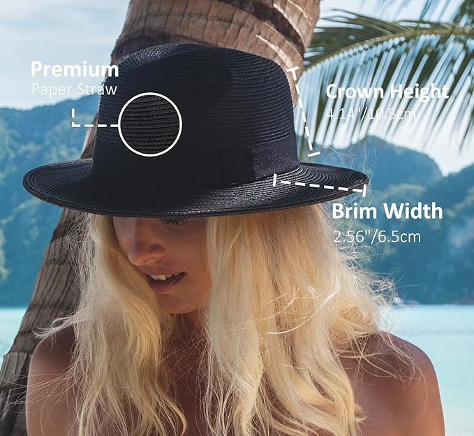 Joywant Womens Straw Fedora Beach Sun Hat, Packable Wide Brim Panama Hat for Women UV UPF50+ Summer Hat