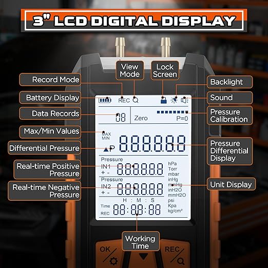 Manometer Gas Pressure Tester Pro 3" LCD Display Digital Manometers -101 KPa to 200KPa Dual-Port Gas Manometers HVAC with Auto Calibration, Max/Min Value, Data Records