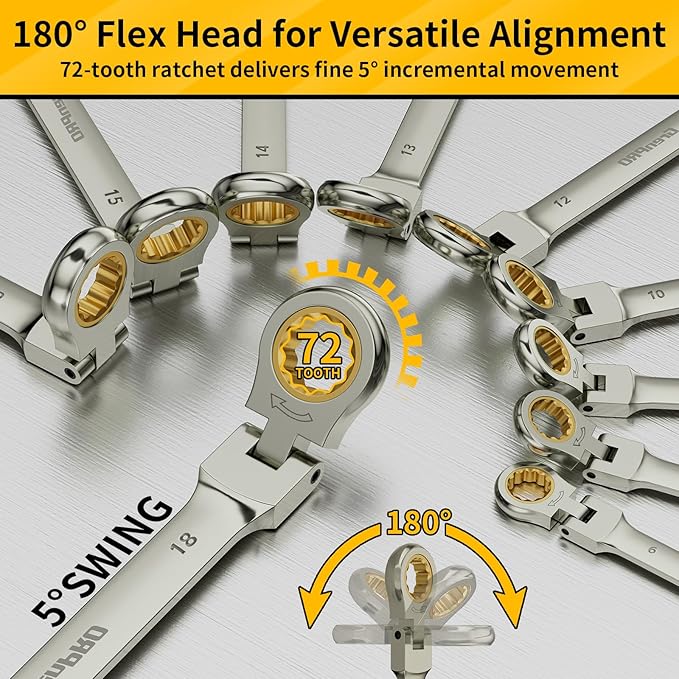 23PCS Flex-Head Ratcheting Wrench Set, Combination Ratchet Wrenches Set Metric and Standard & SAE with Organizer Box, 6-18mm & 1/4" to 3/4" with Color Ring, Nickel Plating Socket Mechanic Tool