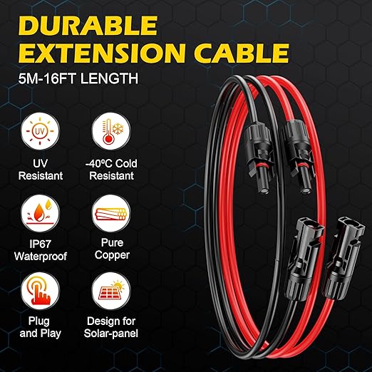 16Ft SolarCable SolarExtension Cable,10AWGSolar Panel ExtensionCable with Female and Male Connectors,Waterproof SolarExtension Cable Kit