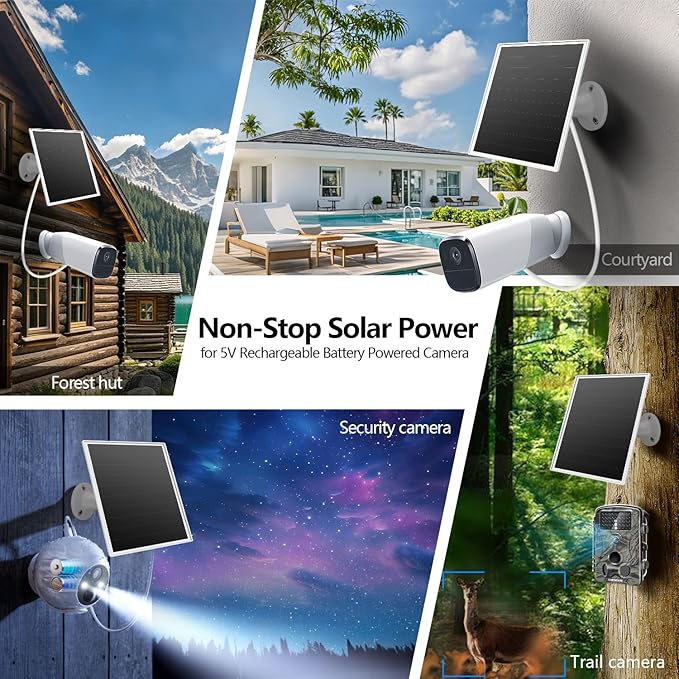 6W Solar Panel Charger for Outdoor Security Cameras. Micro USB/USB - C/DC (35 * 135) Fits Eufy/Wyze/Ring Camera, 9.8ft Cable,Waterproof Stabilization System for Battery Protection Fast Charging