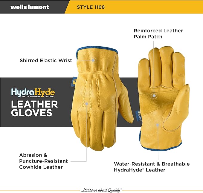 Wells Lamont Men’s Slip-On HydraHyde Full Leather Work Gloves | Water-Resistant | Extra Large (1168XL)