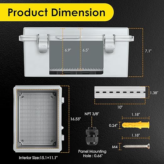 Waterproof Electrical Junction Box, IP67 ABS Plastic Junction Box Enclosure with Aluminum DIN Rail, Mounting Plate, Wall Brackets for WiFi Electronics Project, Grey (16.1''×12.2''×7.1'')