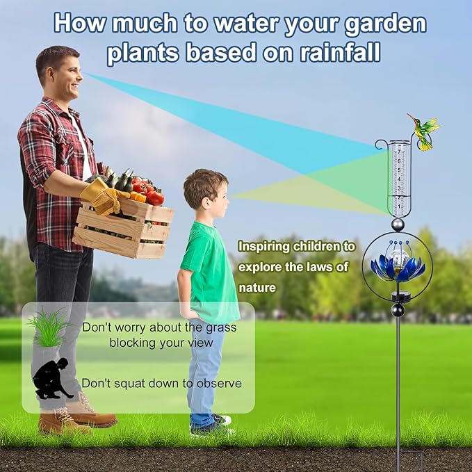 Rain Gauge Outdoor,42 Inch Solar Rain Gauges Decorative with Lotus Flower Spinner Light,Large Number Plastic Tube Rain Catcher Freeze Proof Hummingbird Water Gauge for Garden Yard Lawn