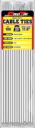Pro Tie Heavy Duty Cable Ties, Self-Locking Nylon Cable Wire Ties for Indoor and Outdoor Use | 11.9-Inch, 120 lbs. Tensile Strength, Natural Nylon, 100-Pack (PN: N11HD100)