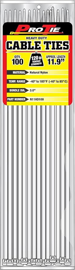 Pro Tie Heavy Duty Cable Ties, Self-Locking Nylon Cable Wire Ties for Indoor and Outdoor Use | 11.9-Inch, 120 lbs. Tensile Strength, Natural Nylon, 100-Pack (PN: N11HD100)