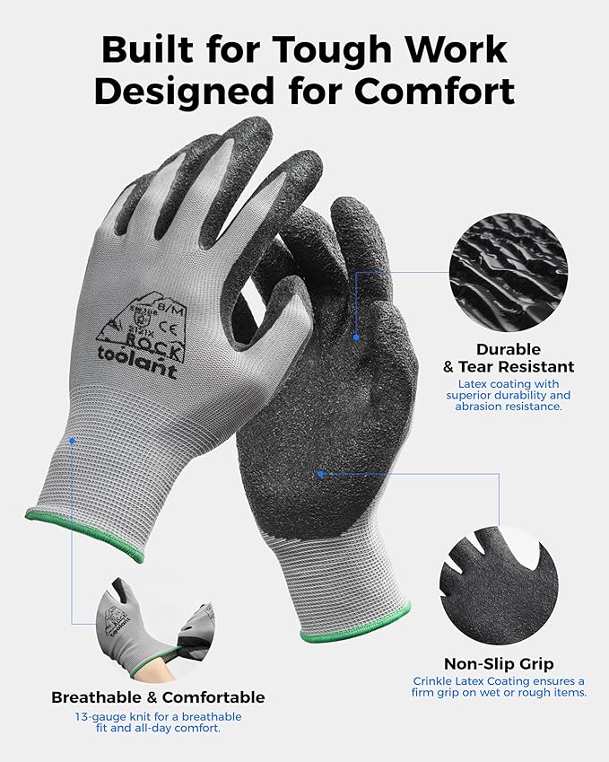 toolant Crinkle Latex Work Gloves Bulk, Rubber Coated Safety Work Gloves for Men and Women, 12 Pairs for Construction, Gardening, Warehouse (Gray, Medium)