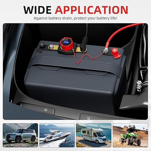 Joinfworld Side Post Battery Disconnect Switch 12V-48V with Led Voltmeter Display, DC 5-60V Battery Kill Switch Waterproof Marine Battery Cut Off Switch 12 Volt for Car RV Boat ATV UTV Vehicles