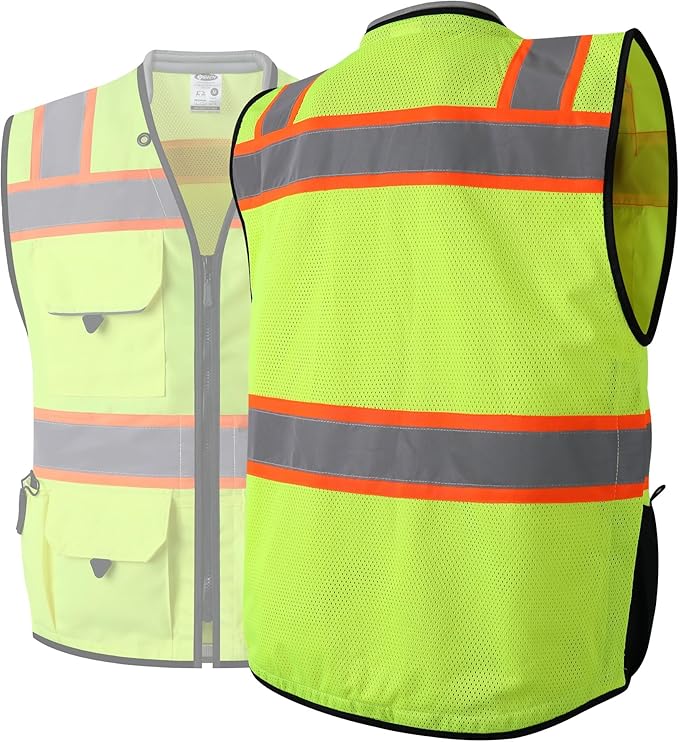 JKSafety Hi-Vis Unisex Surveyor Safety Vest Heavy Duty PPE Inner Pockets ANSI/ISEA Compliant