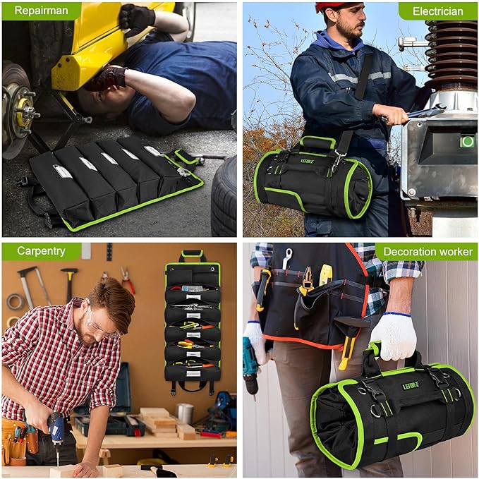 Tool Bag,Large Roll Up Tool Bag Organizer,13 Pockets Tool Roll Storage Pouch,Heavy Duty Portable Tool Storage Carrier Bag for Men,Mechanic,Electrician,Valentines Day Gifts for Men,Black/Green