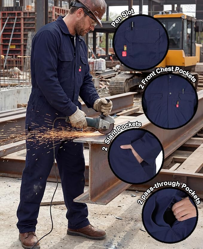 BOCOMAL FR Coveralls Men 7.5oz Cotton Twill Flame Resistant Fire Retardant Work Coverall NFPA 2112 HRC2