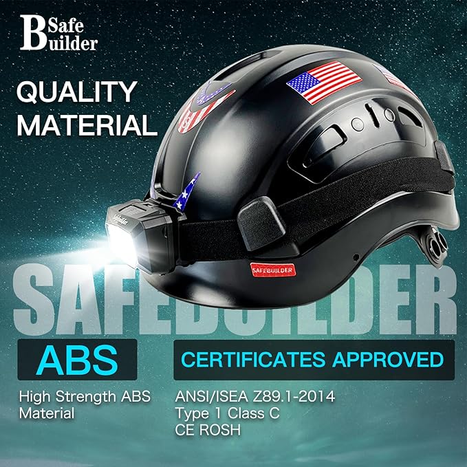 Construction Safety Helmet with Headlight Hard Hat Headlamp Adjustable Ventilation Hardhats Work Head Protection Certified ANSI/ISEA Z89.1