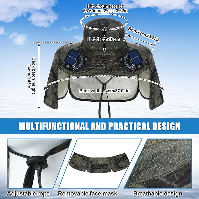 Chuarry Wide Brim Sun Hat with 2 Fan Outdoor Solar Powered USB Charging Fishing Hat with Neck Flap for Men Women