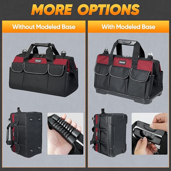TICONN Heavy Duty Tool Bag with Multi-Pockets, Portable Tool Box Organizer Storage Bag, with Adjustable Shoulder Strap and Ergonomic Handle (Red, 16" Molded Base)