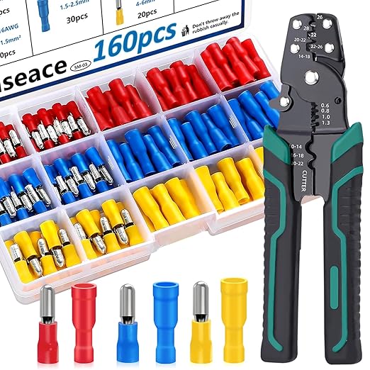 smseace 160pcs Bullet Wire connectors with Stripping/Cutting/Crimping Tool 22-10AWG Insulated Male/Female Bullet Connector kit for Automotive Boat Stereo Industrial Equipment