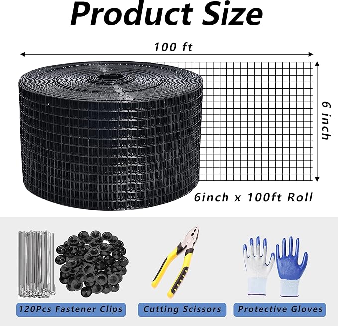 6in X 100ft Critter Guard for Solar Panels, 1/2inch PVC Coated Solar Panel Guard, Critter Guard Roll Kit for Solar Panel Wire Mesh, Black Pigeon Barrier with 120pcs Fasteners, Cutting Scissor, Gloves