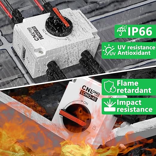 Solar Disconnect Switch 2 Strings 32A DC1500V 2in 2out Rapid Shutoff Isolator Switch with Plug & Play Connector and IP66 Outdoor Waterproof for Rooftop Solar Systems, RVs and Boats