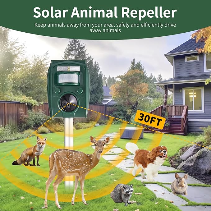 Upgraded Solar Ultrasonic Squirrel Deer Repellent Devices Motion Detection 5 Adjustable Modes, Cat Raccoon Rabbit Dog Deterrent, Animal Repellent with LED Waterproof for Yard, 2P