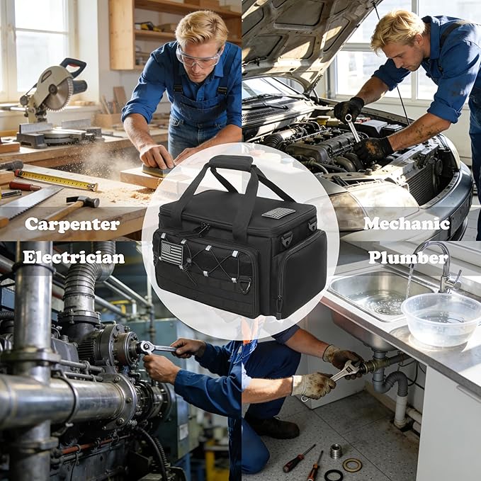 15-Inch Tool Bag Multi-purpose Tool Organizer Bag For Men with Shoulder Strap, Tactical Range Bag Work Tote for Repairman, Carpenters, Handymen (Black)