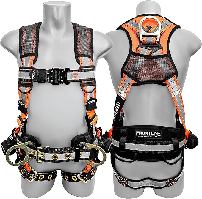 Frontline Fall Protection 100RCTB Combat™ Reflective Construction Full Body Harness with Tongue Buckle Legs and Trauma Straps,5 Points of Adjustability,Positioning Belt,OSHA & ANSI Compliant (Size: S)