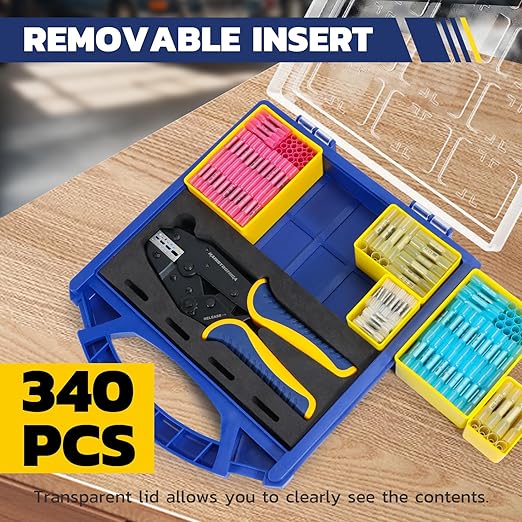 haisstronica 340PCS Heat Shrink Wire Connectors Set, 26-10AWG Marine Grade Heat Shrink Butt Connectors with 9" Crimping Tool and Organizer (4Colors/4Sizes)