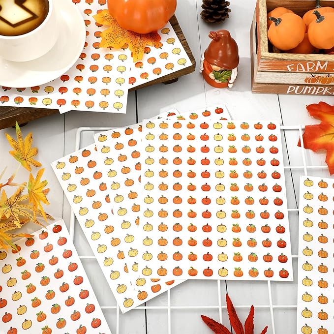 JarThenaAMCS 2400 Pcs Fall Mini Pumpkin Stickers Autumn Colorful Paper Decal 10 Cute Designs Adhesive Sticker Decor for Thanksgiving Envelope Scrapbook Teacher Reward Classroom DIY Supplies, 0.5 Inch