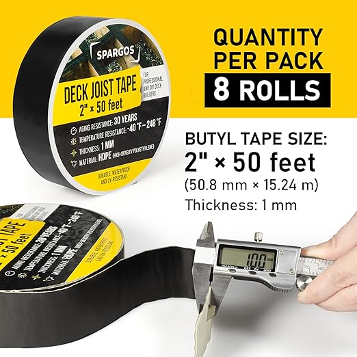 Deck Joist Tape for Decking, 2 inch x 50 Feet Roll, 8-Pack – Self-Adhesive Butyl Waterproof Flashing Tape, Protects Deck Beams from Rot and Decay, Easy-to-Apply