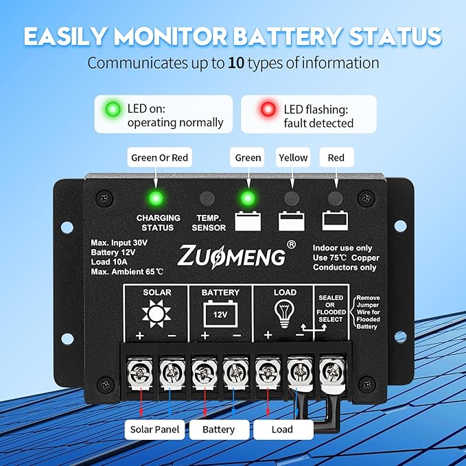 10A PWM Solar Charge Controller for 12V Lead-Acid Battery to Extend Battery Life, with Explosion-Proof Metal Housing, IP68, 4-Stage Charging, LVD, Temp Compensation, for Harsh Industrial Use