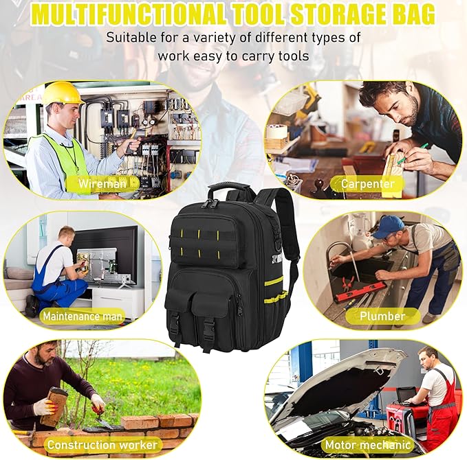 Tool Backpack, Heavy Duty Tool Bag with Padded Shoulder and Removable Tool Organizer, Water-Resistant Work Backpack, for Electrician, Plumber, HVAC, Cable Repairman, Black & Yellow