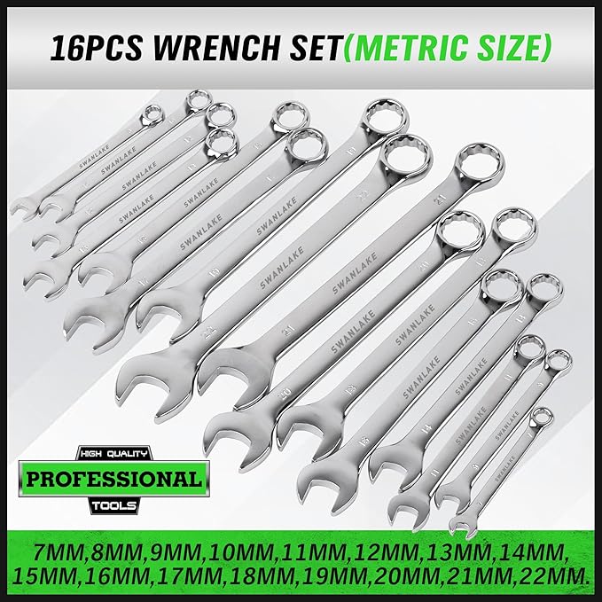 SWANLAKE 32-Piece Combination Wrench Set, SAE and Metric, 1/4"-1" & 7mm-22mm, 12 Point, Chrome Vanadium Steel