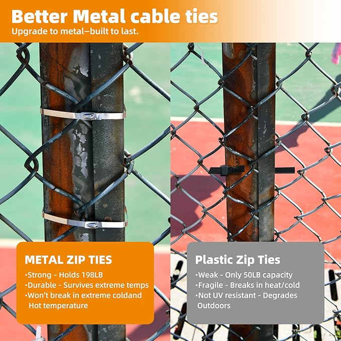 Stainless Steel Zip Ties Heavy Duty (120 PCS) with Metal Cutter, 11.8 Inch Self-Locking Cable Ties for Chain Link Fence, Outdoor, Electrical & Home Use