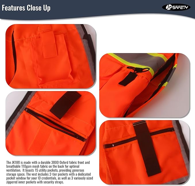 JKSafety Hi-Vis Unisex Surveyor Safety Vest Heavy Duty PPE Inner Pockets ANSI/ISEA Compliant