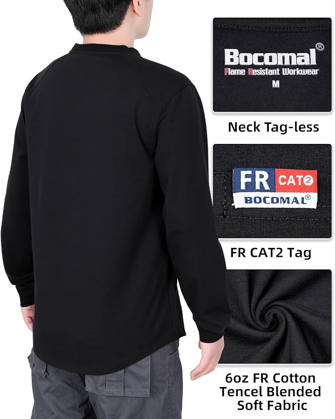BOCOMAL Men's FR Shirts Long Sleeve Crewneck EX Soft Heather Series 6oz Midweight Flame Resistant Work T Shirt CAT2