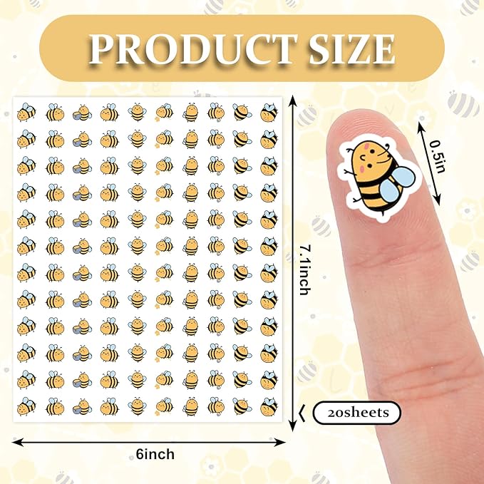 JarThenaAMCS 2400Pcs Mini Bee Sticker Cartoon Honey Bumble Paper Decal Cute Self-Adhesive Sticker for Holiday Summer Planner Reward Envelope Scrapbook DIY Party Supplies, 0.5 in