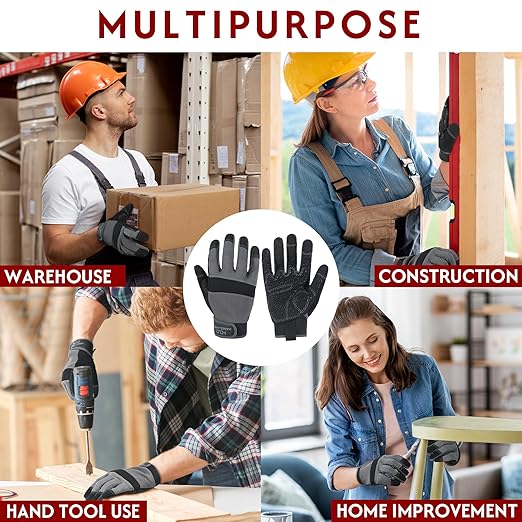 HANDLANDY Working Gloves for Men & Women, Safety Work Gloves with Grip for Warehouse Construction Garden Yard Outside (Grey-Grip, X-Large (Pack of 3))