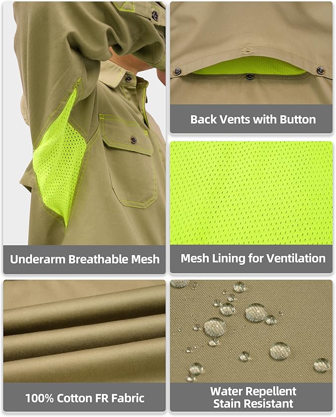 BOCOMAL FR Shirt for Summer Lightweight Vented Mesh Back and Underarm Breathable Flame Resistant Welding Button Down Shirts
