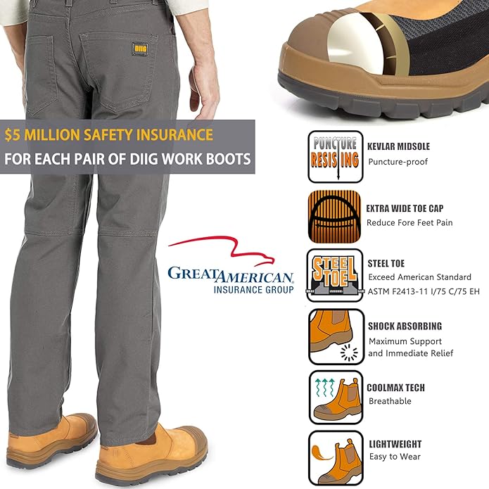 DIIG Work Boots for Men, Steel/Soft Toe Waterproof Working Boots, Slip Resistant Anti-Static Slip-on Safety Working Shoes