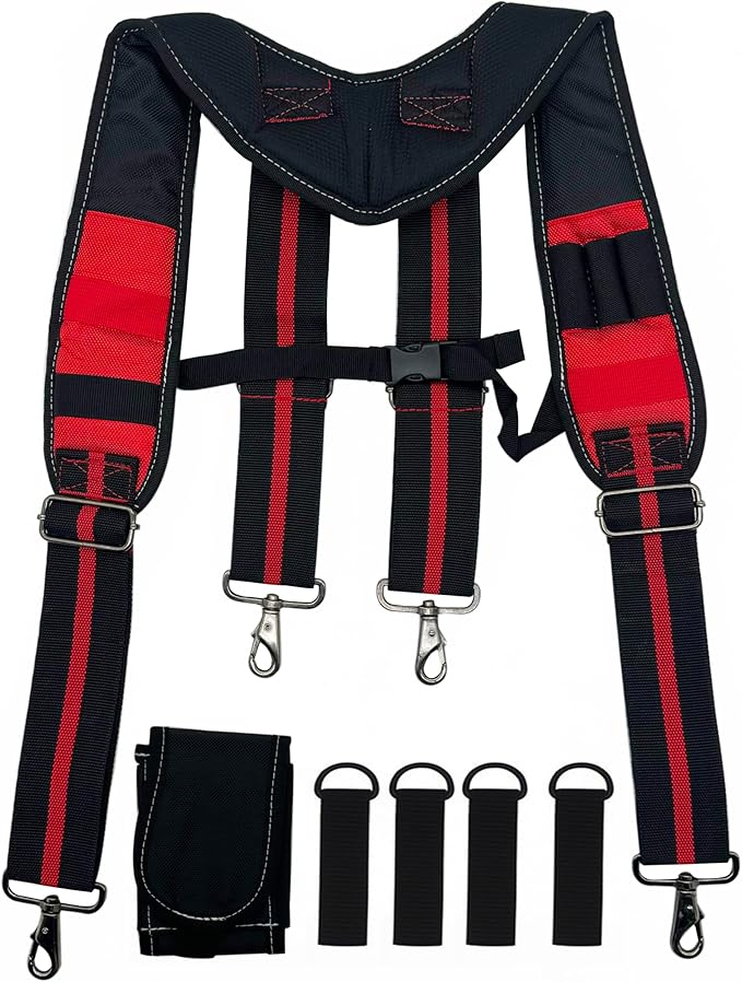 Tool Belt Suspender for Men 4 Point Padded with Attachment Loops, WristBand Pouch Pocket for Construction Worker